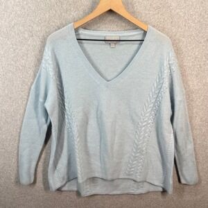 Pure Collection Cashmere Sweater Womens 6 Blue V-Neck Cable Knit Pullover 7384